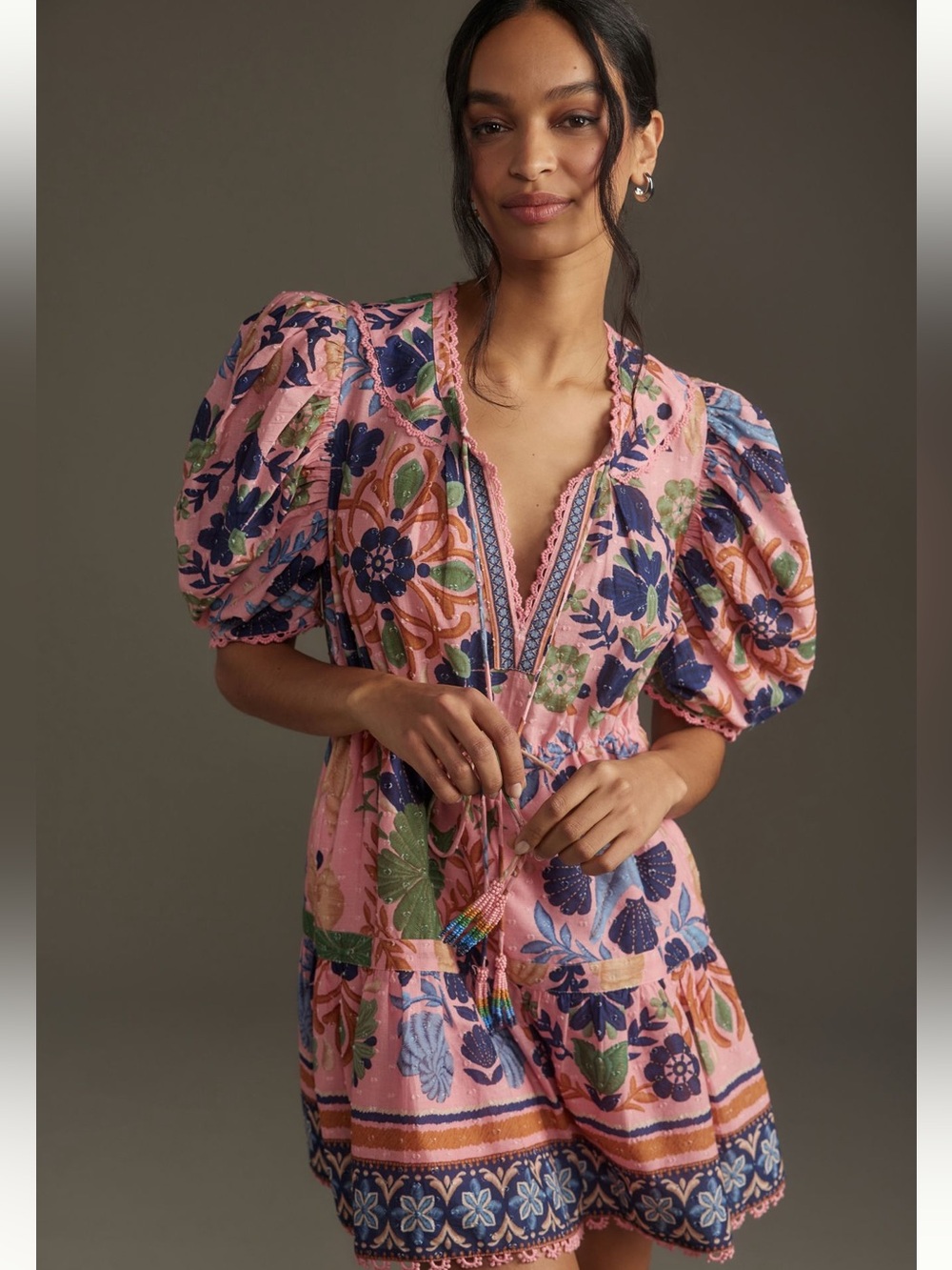 Pink Floral Embroidered Puff-Sleeve Mini Dress